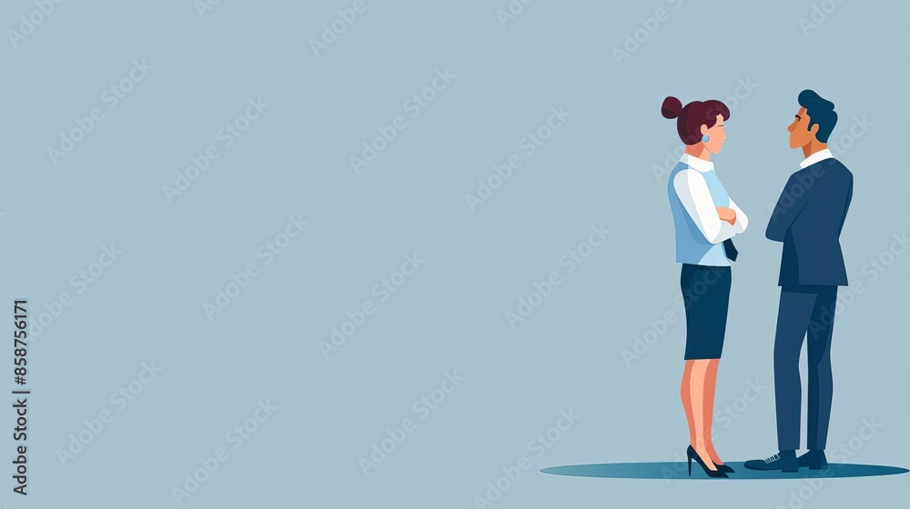 of two business professionals having a conversation against a light blue background, emphasizing communication and teamwork. of two business professionals having a conversation against a light blue background, emphasizing communication and teamwork.