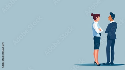 Illustration of two business professionals having a conversation against a light blue background, emphasizing communication and teamwork. © Samon
