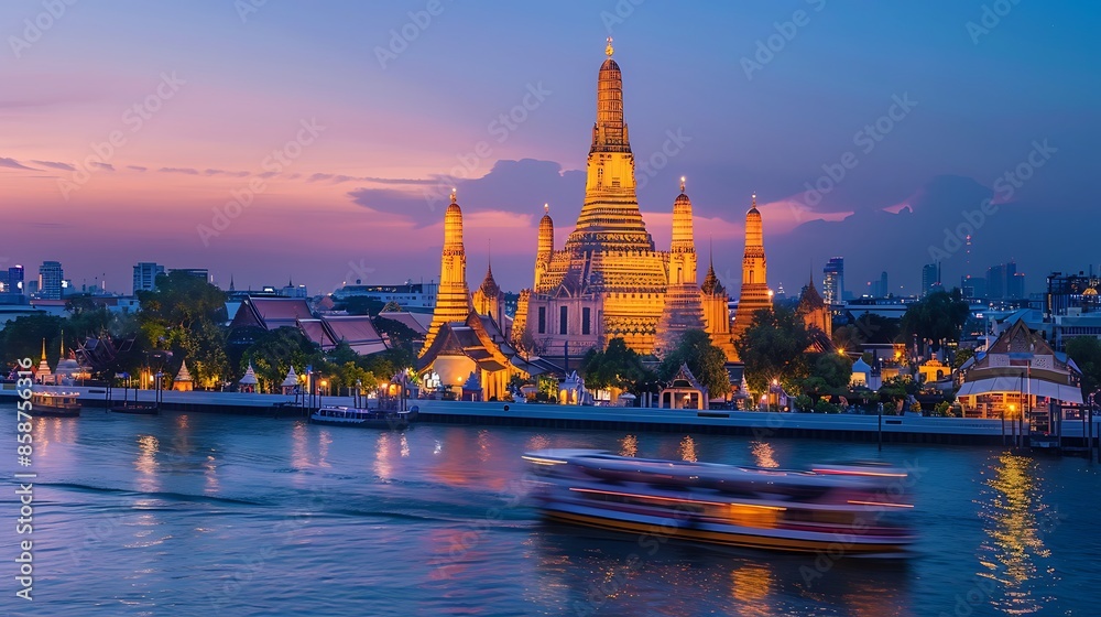 Fototapeta premium Twilight Illumination of Wat Arun Temple with River Reflections and Passing Boats