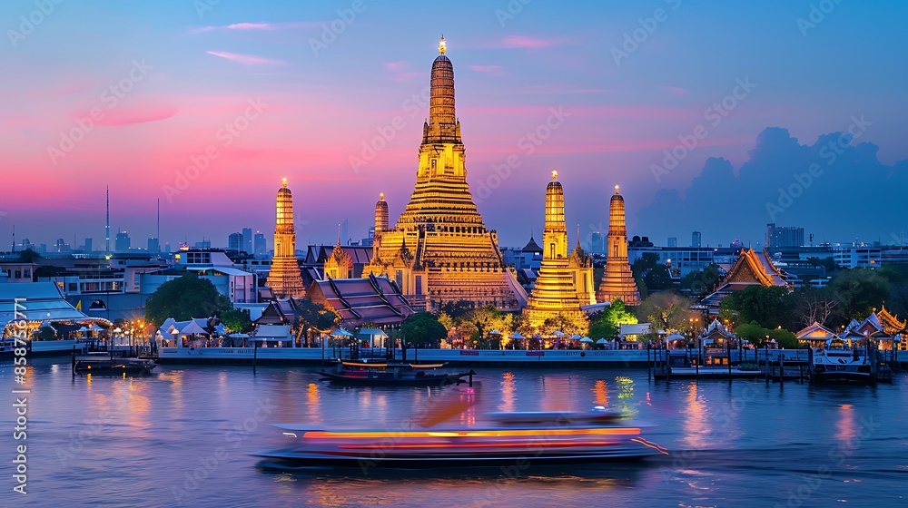 Naklejka premium Serene Twilight at Wat Arun: Illuminated Temple Reflections on Chao Phraya River