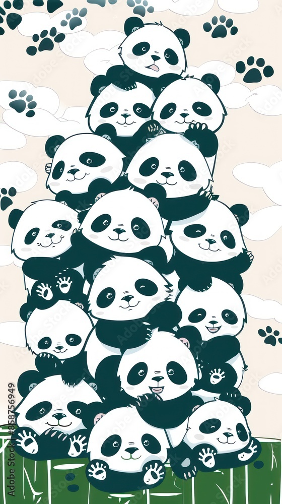 Fototapeta premium Stack of Happy Pandas on Bamboo