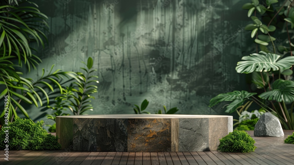 Exhibition Platform with Stone and Wood Materials on Natural Green Background Exhibition Platform with Stone and Wood Materials on Natural Green Background