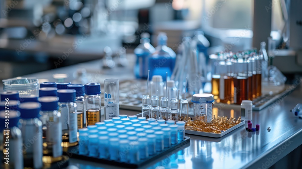 A table full of lab equipment and bottles, including a bottle that says A table full of lab equipment and bottles, including a bottle that says