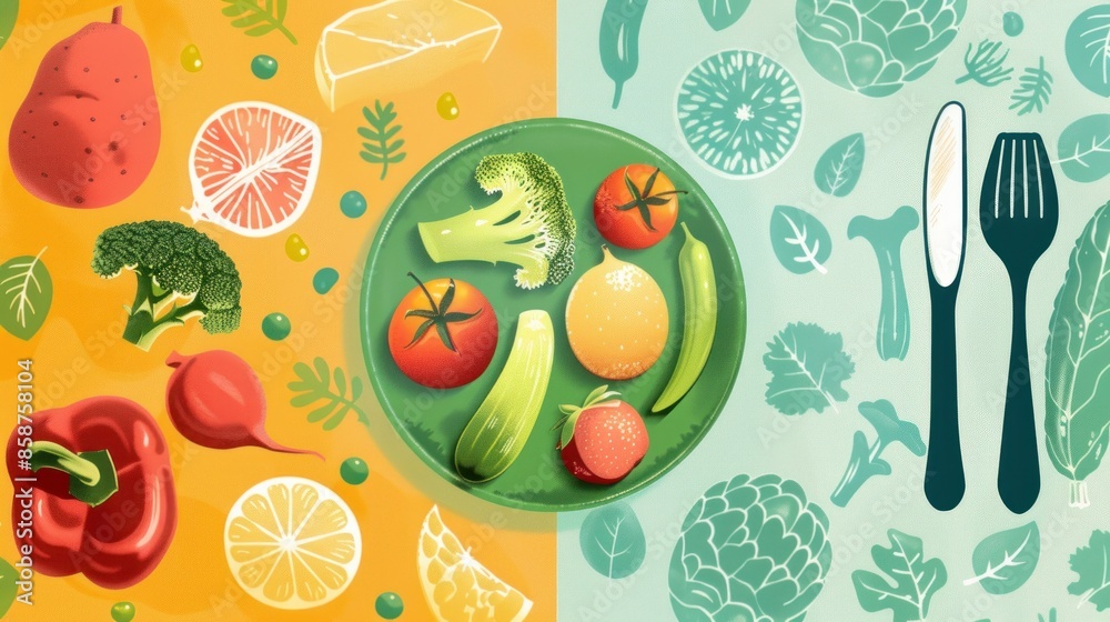 A Colorful Plate of Fresh Vegetables and Fruit A Colorful Plate of Fresh Vegetables and Fruit