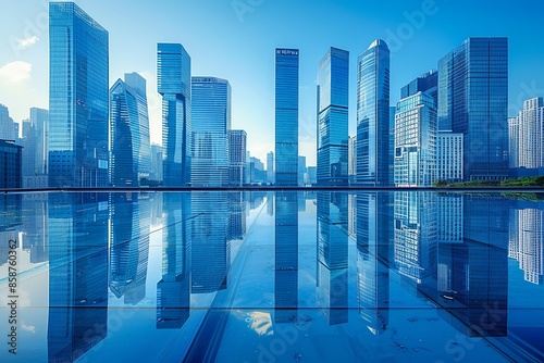 Modern city skyline with skyscrappers and reflection created with Generative AI © dendyh7