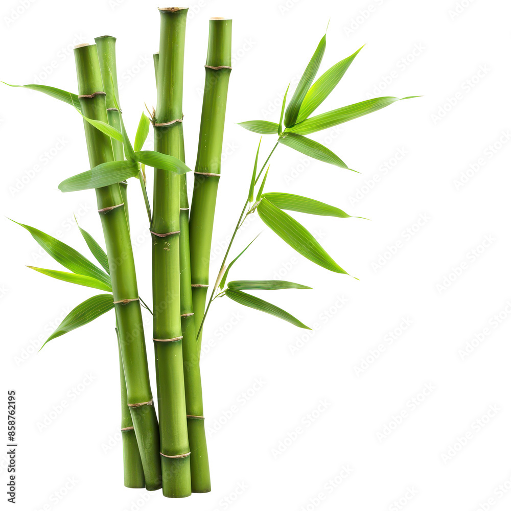 Fototapeta premium Green bamboo stalks with leaves , symbolizing growth, nature, and tranquility in a minimalist composition., transparent background, PNG, white background