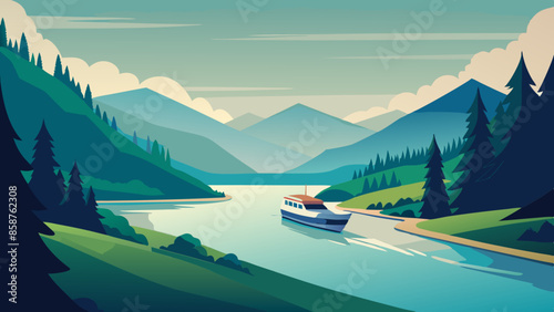 Illustration of a traveling  boat on a river with a beautiful natural landscape with green trees, natural lighting, and a natural background