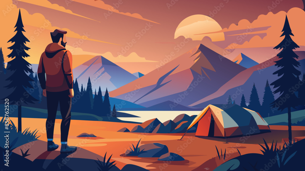 Fototapeta premium A young male traveler is watching the sunset and camping on a mountain. Adventure travel lifestyle concept vector illustration 