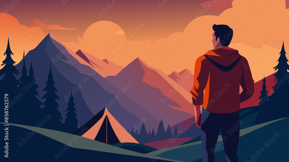 A young male traveler is watching the sunset and camping on a mountain. Adventure travel lifestyle concept vector illustration
A young male traveler is watching the sunset and camping on a mountain. Adventure travel lifestyle concept vector illustration
