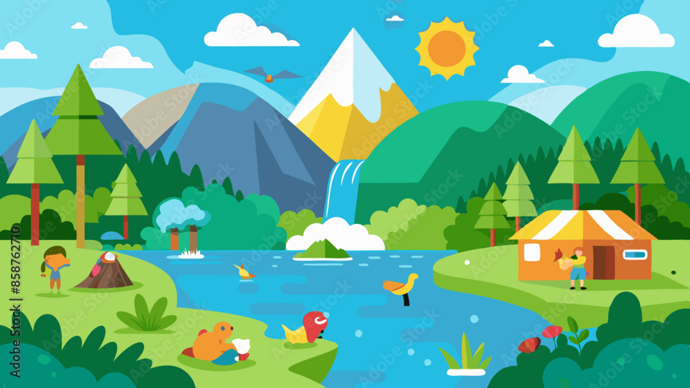 Obraz premium A beautiful nature scene with a blue sky, birds, a lake, a waterfall, flowers, green grass, and small animals