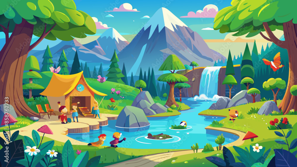 A beautiful nature scene with a blue sky, birds, a lake, a waterfall, flowers, green grass, and small animals