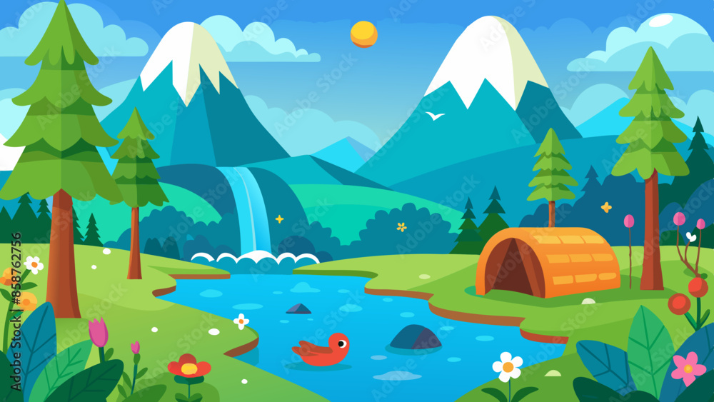Obraz premium A beautiful nature scene with a blue sky, birds, a lake, a waterfall, flowers, green grass, and small animals