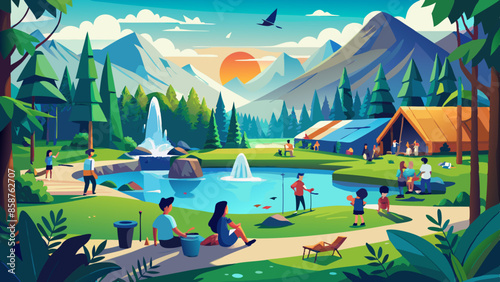 A beautiful nature scene with a blue sky, birds, a lake, a waterfall, flowers, green grass, and small animals