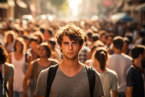 Young man stands in the middle of crowded street. Amid the bustling city, a young man stands, lost in thought. © Liaisan