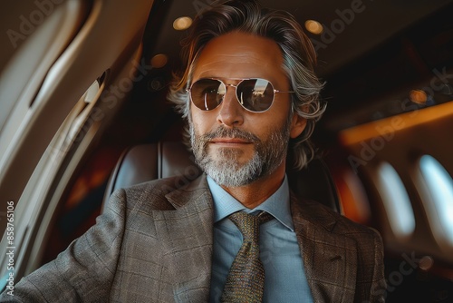 A stylish middle aged businessman in a private jet. Richness, style and fashion.