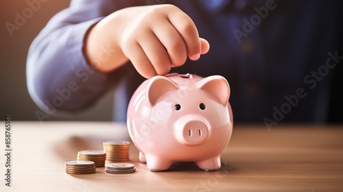 The hand holds a coin and puts it in a piggy bank to preserve wealth, savings and financial success. Nurturing dreams of abundance. A coin's journey to nourish the piggy bank.