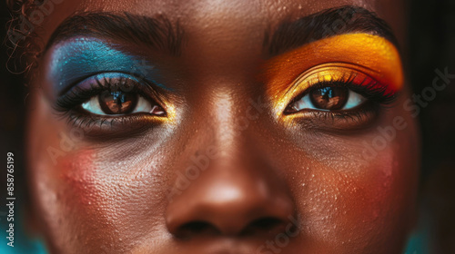 Close-up of a face with vibrant blue and yellow eye makeup, highlighting detailed texture and color. © khonkangrua