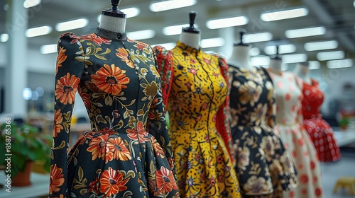 Dresses from the latest collection on mannequins in a modern atelier. A dance of patterns. This dress is a visual delight with its intricate prints.