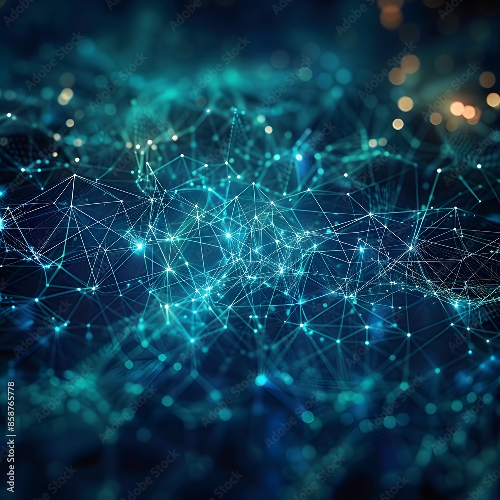 Abstract blue green technology background with a cyber network grid and connected particles. Artificial neurons, global data connections Abstract blue green technology background with a cyber network grid and connected particles. Artificial neurons, global data connections