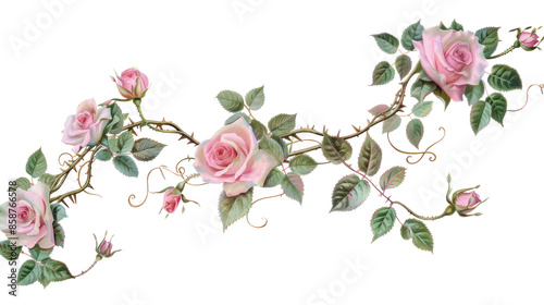 Fototapeta Naklejka Na Ścianę i Meble -  Pink Roses on a Vine with Thorns