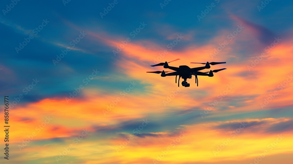 Obraz premium 飛んでいるドローンのシルエット、夕日6