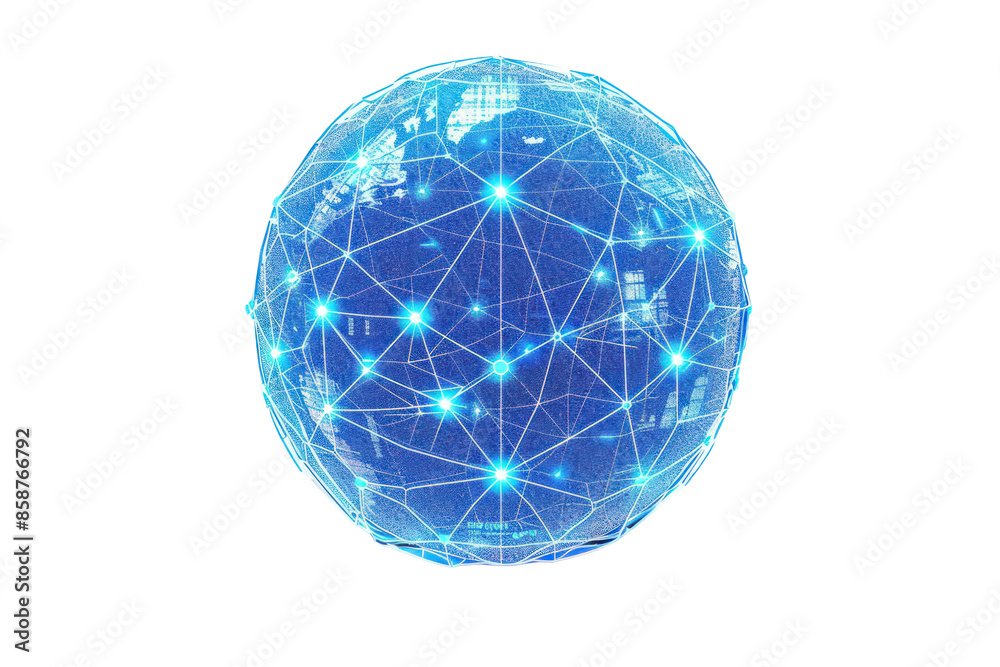 Futuristic glowing blue sphere with interconnected light nodes, representing global communication and network technology. Futuristic glowing blue sphere with interconnected light nodes, representing global communication and network technology.