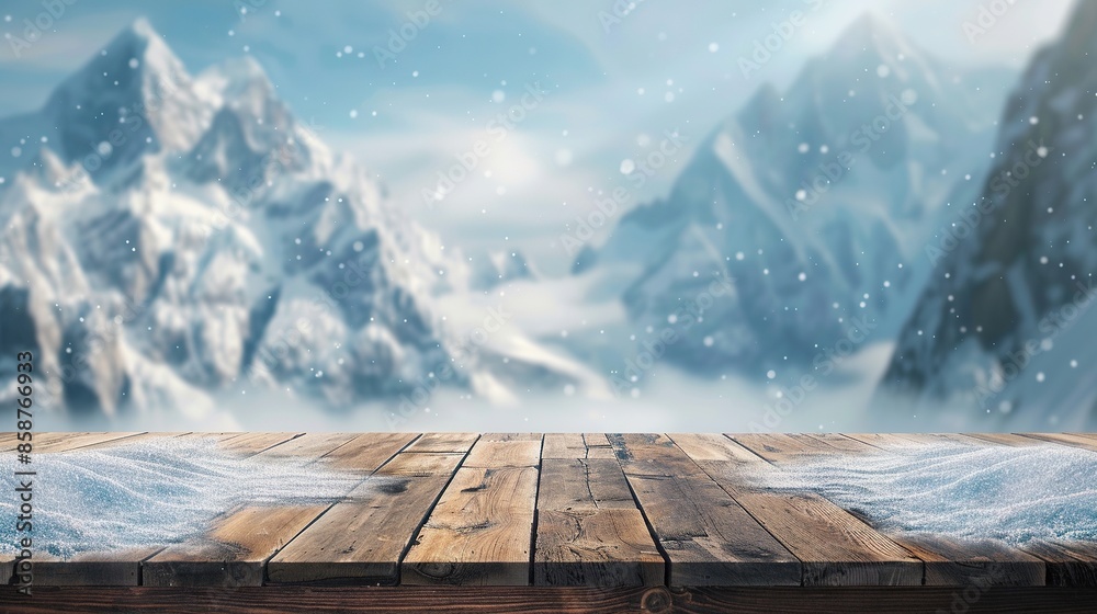 The empty wooden brown table top with blur background of icy mountain in winter season The empty wooden brown table top with blur background of icy mountain in winter season
