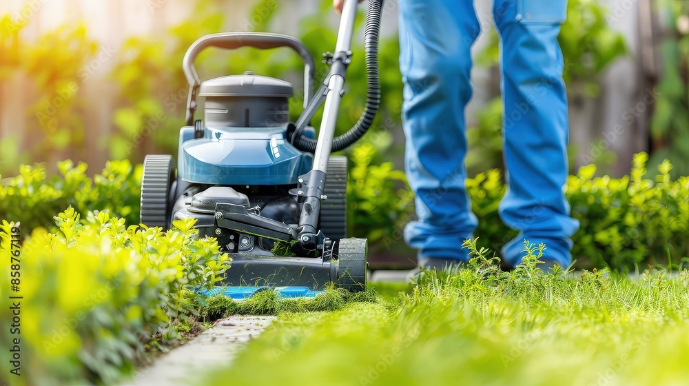 Lawn mower on grass in garden. The lawn mower leaves behind a perfectly manicured trail on the emerald green lawn. Lawn mower on grass in garden. The lawn mower leaves behind a perfectly manicured trail on the emerald green lawn.