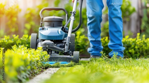 Wallpaper Mural Lawn mower on grass in garden. The lawn mower leaves behind a perfectly manicured trail on the emerald green lawn. Torontodigital.ca