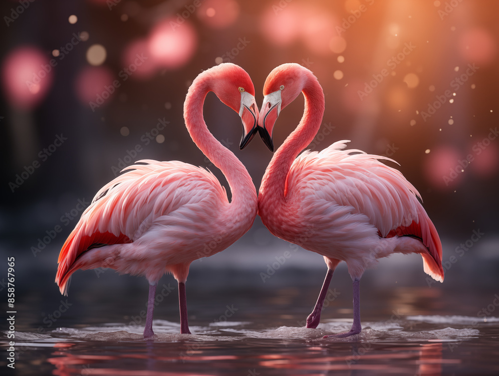 Fototapeta premium A pair of flamingos performing a courtship dance, their necks intertwined in a heart shape