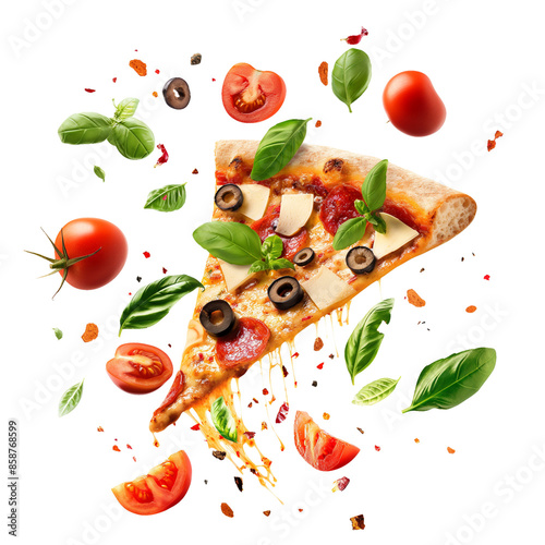 Flying pizza slice with ingredients isolated on transparent white background, clipping path photo