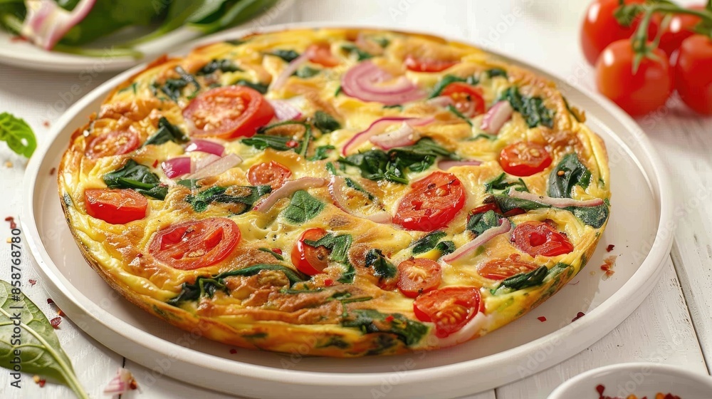 Spinach tomato onion and pepper Italian Frittata displayed on white wooden table Spinach tomato onion and pepper Italian Frittata displayed on white wooden table