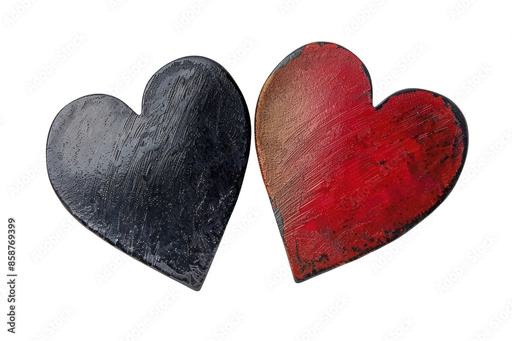 Obraz premium Two textured heart-shaped stones, one black and one red, symbolizing love, contrast, and unity, isolated on a white background.