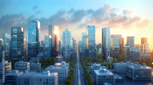 A vibrant, modern cityscape with towering skyscrapers, streets, and sunlight casting warm hues on the buildings.
