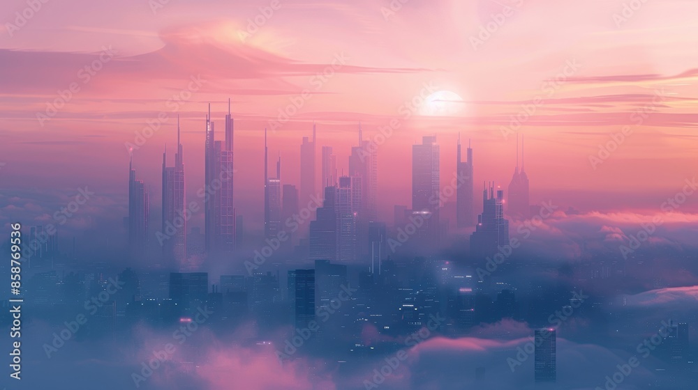 Obraz premium Stunning cityscape view at sunrise with tall skyscrapers emerging from misty fog, casting a serene and futuristic ambiance.