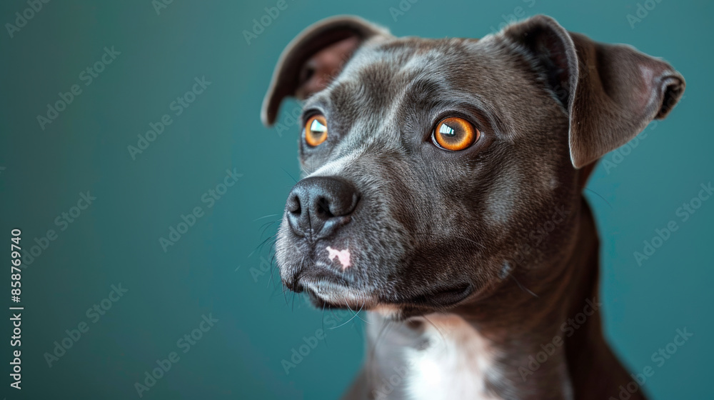 A close-up shot of an expressive, intelligent dog with large, dark eyes focused on the camera. The dog's dark gray and black fur contrasts with the solid teal background A close-up shot of an expressive, intelligent dog with large, dark eyes focused on the camera. The dog's dark gray and black fur contrasts with the solid teal background