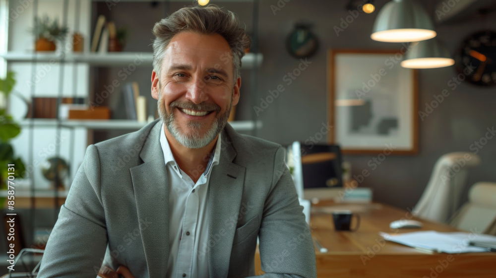 Portrait of a smiling middle-aged businessman in a modern office setting, exuding confidence and professionalism. Portrait of a smiling middle-aged businessman in a modern office setting, exuding confidence and professionalism.