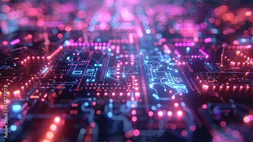 Abstract digital circuit board with glowing pink and blue lights.  futuristic technology concept. photo