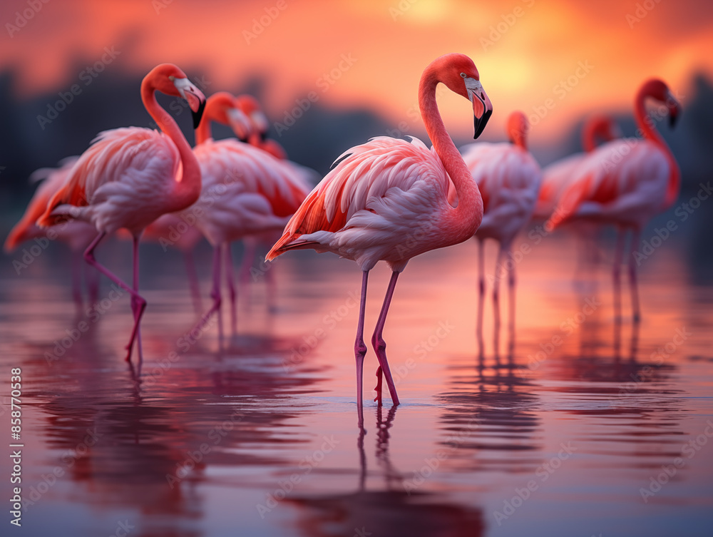 Flamingos are standing in a shallow lagoon Flamingos are standing in a shallow lagoon