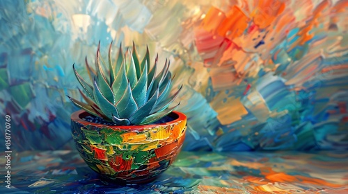 Agave Plant in a Colorful Pot Against an Abstract Background.
