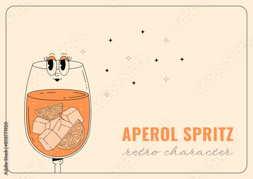 Groovy character Aperol spritz. Retro banner alcoholic beverage with inscription. Retro vector illustration 70s, 80s style