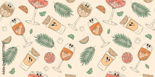 Groovy character beverages. Retro summer seamless pattern with popular alcoholic cocktail aperol spritz, limoncello spritz, tequila. Vintage vector illustration in 70s, 80s style