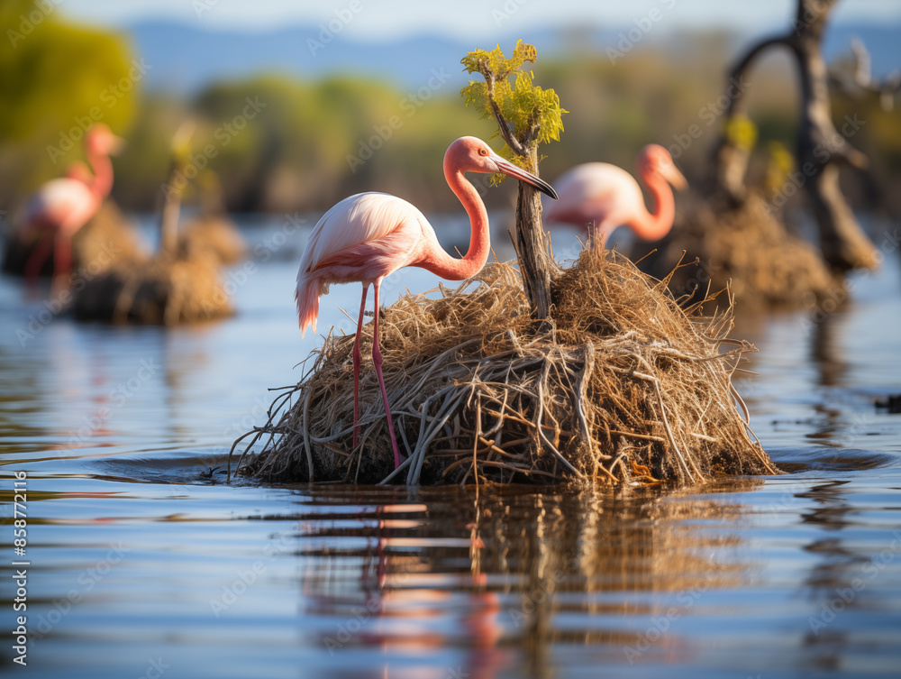 Fototapeta premium Flamingos building nests on a muddy island in the middle of a lake