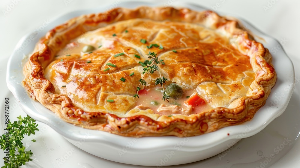 Golden Brown Chicken Pot Pie in White Baking Dish Golden Brown Chicken Pot Pie in White Baking Dish