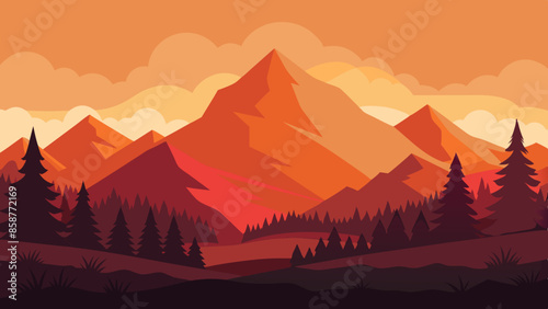 Vector illustration of a beautiful landscape with mountains and an autumn forest. The concept of travel, hiking, outdoor activities, and adventure illustration 