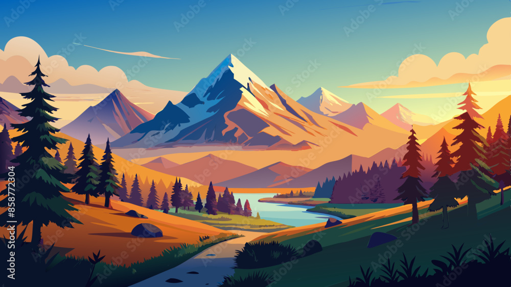 Vector illustration of a beautiful landscape with mountains and an autumn forest. The concept of travel, hiking, outdoor activities, and adventure illustration Vector illustration of a beautiful landscape with mountains and an autumn forest. The concept of travel, hiking, outdoor activities, and adventure illustration