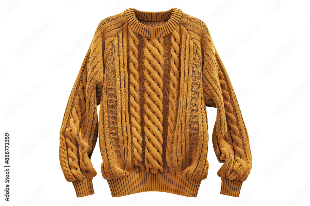 Obraz premium Cozy mustard yellow cable knit sweater with intricate design, perfect for warm autumn and winter fashion. Classic and stylish wardrobe staple.