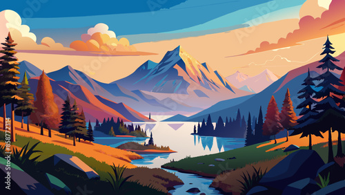 Vector illustration of a beautiful landscape with mountains and an autumn forest. The concept of travel, hiking, outdoor activities, and adventure illustration 