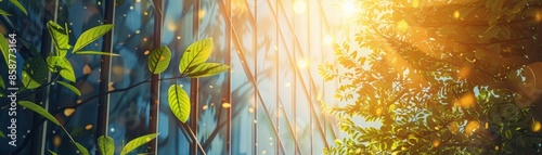 Wallpaper Mural Sunlight filtering through green foliage against a modern glass building, creating a serene and refreshing urban nature scene. Torontodigital.ca
