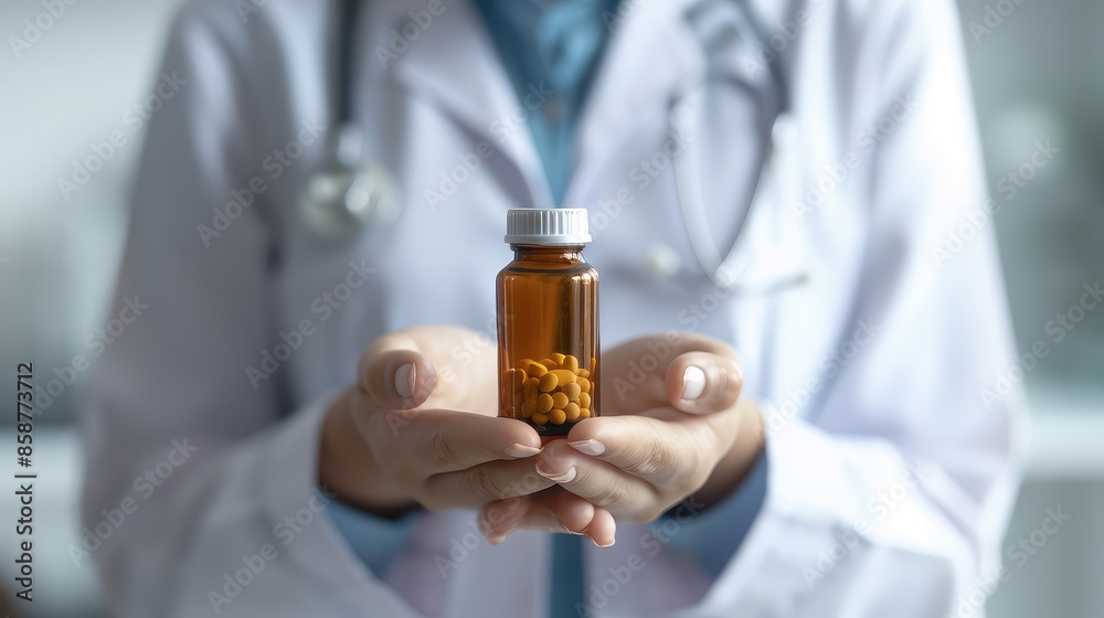 A doctor in a white coat holds a bottle of pills in his hands. Hands close up. Responsible doctor promotes medication adherence for better health. A doctor in a white coat holds a bottle of pills in his hands. Hands close up. Responsible doctor promotes medication adherence for better health.
